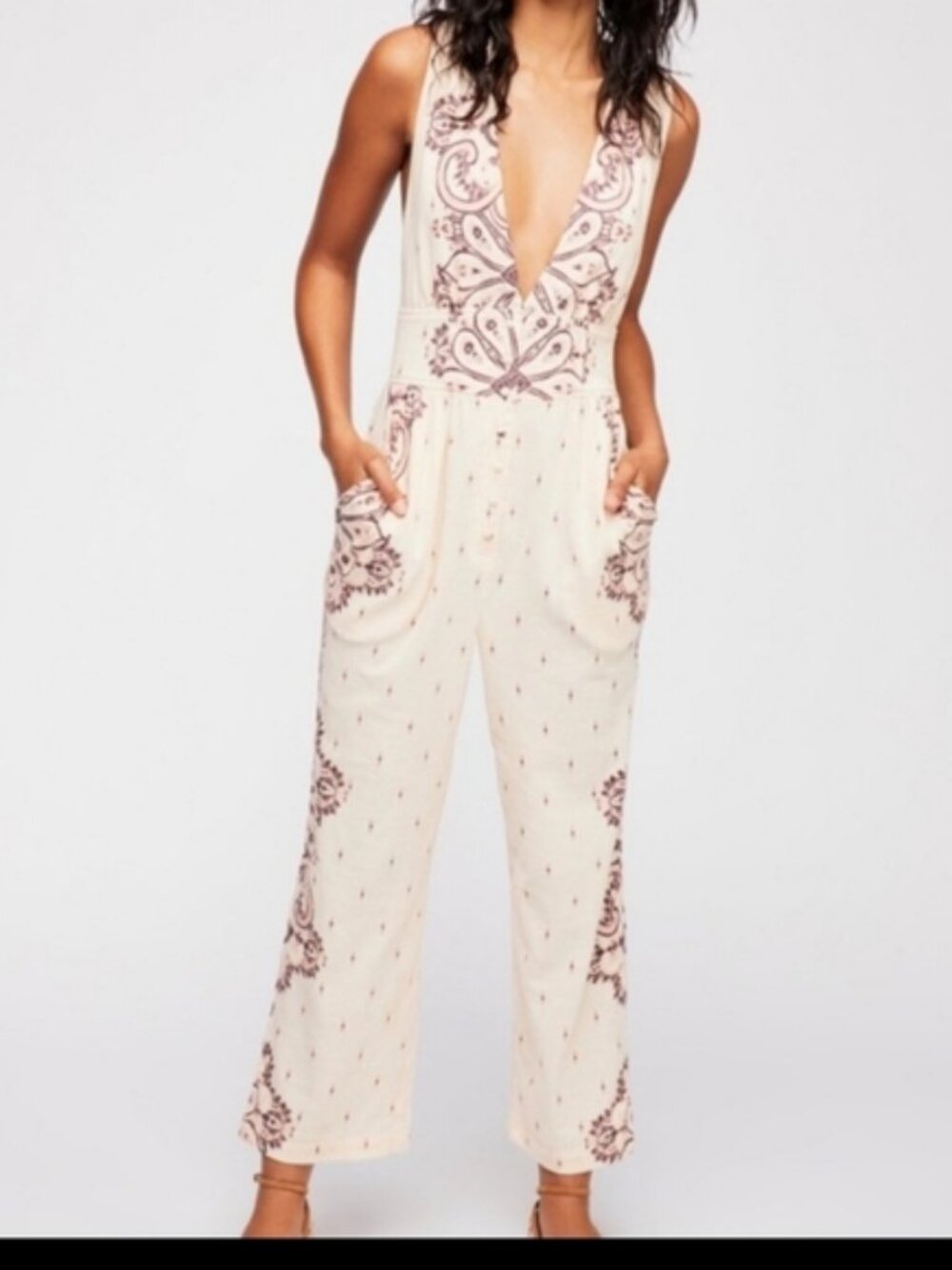 Free People Setting Sun Embellished Jumpsuit - Ivory - Size SP